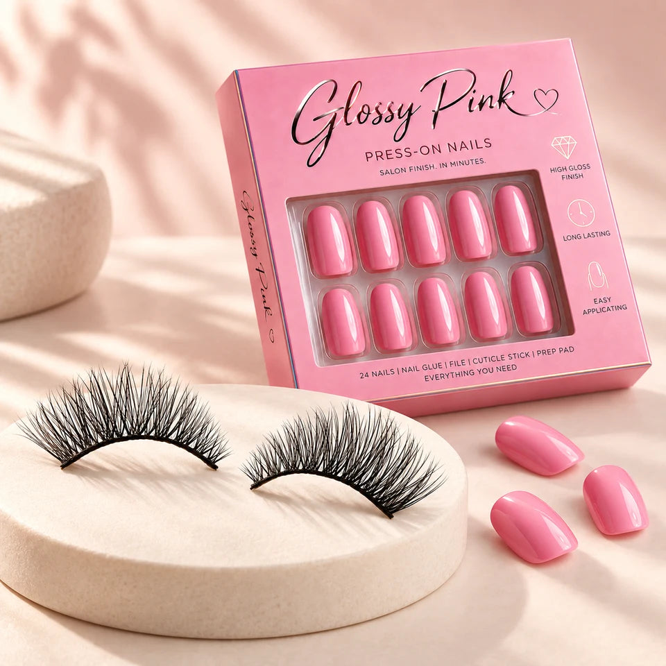 Lash & Nail Duo: magnetic lashes with pink press-on nail kit